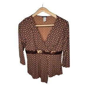 Cocomo Sequin Blouse Size XL Large Orange Black Mod Print Asymmetrical Hem New